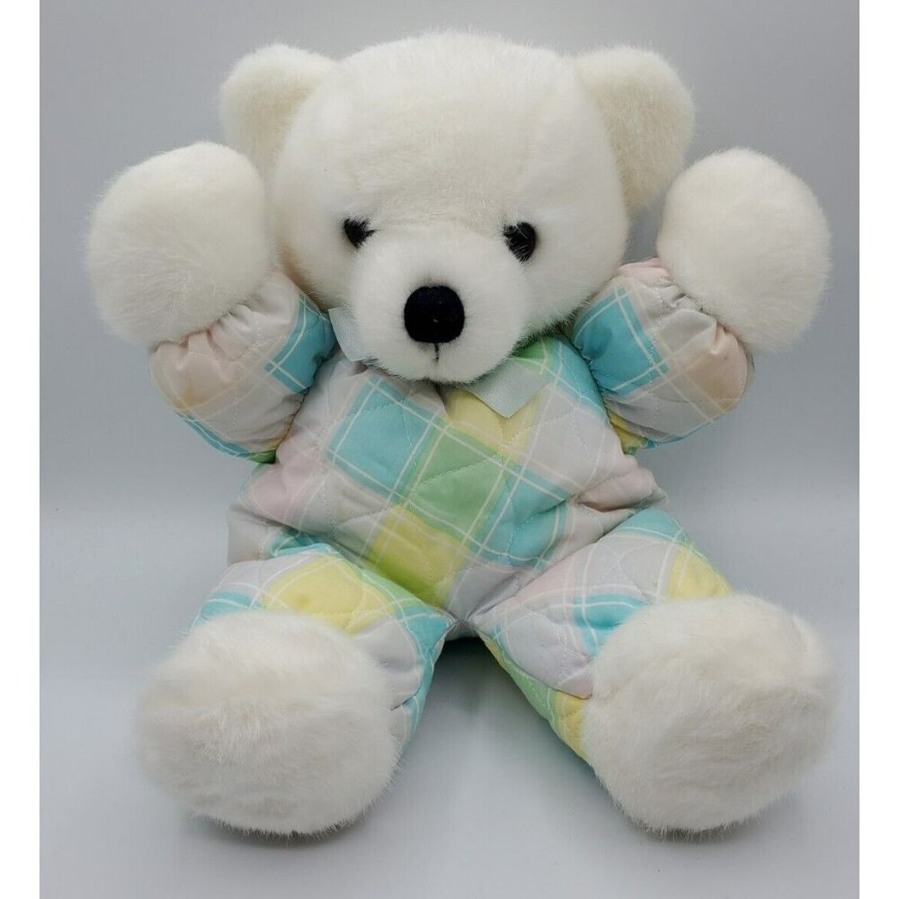 Vtg Dakin Cuddles Teddy Bear 1979 White Pastel Plaid Pink Blue Green Plush 16"